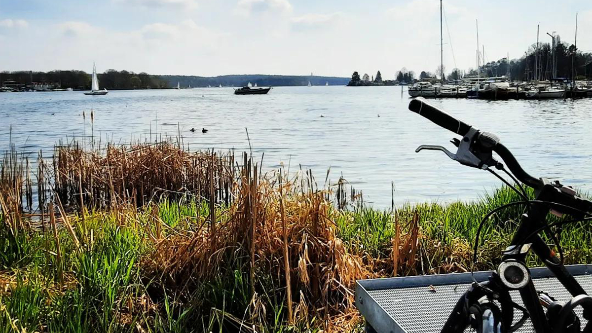 Am Havelufer steht ein Rad, dahinter ein Marina mit Segelbooten