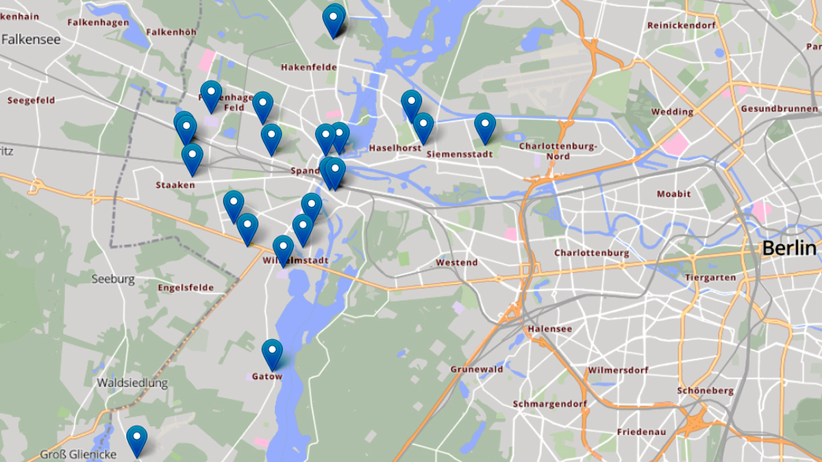 Ausschnitt eines Stadtplans mit Markierungen in Spandau