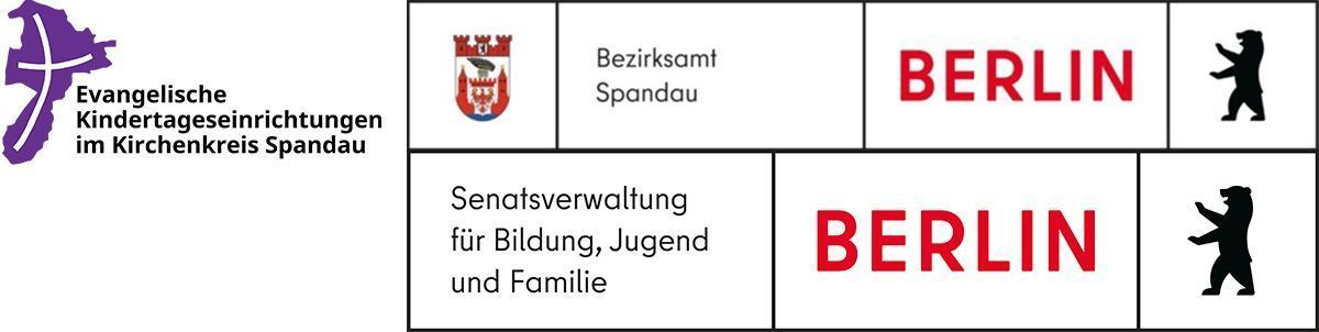 Logo Evangelische Kindertageseinrichtungen im Kirchenkreis Spandau, Bezirksamt Spandau Berlin, Senatsverwaltung für Bildung, Jugend und Familie Berlin