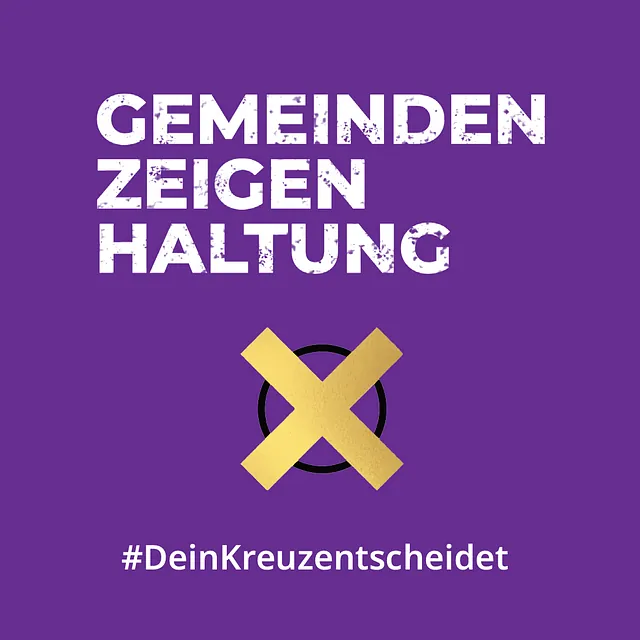 GEMEINDEN ZEIGEN HALTUNG, darunter ein goldenes Wahlkreuz. #DeinKreuzentscheidet