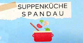 Flyer "Suppenküche Spandau" mit Grafik eines Kochtopfs und Zutaten, die hineinrieseln